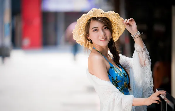 Summer, girl, the city, smile, model, hat, Asian, beautiful