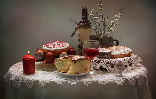 Lights, table, holiday, wine, glass, bottle, eggs, candles