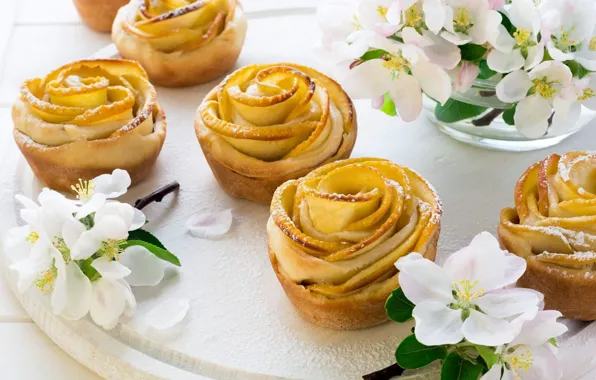 Flowers, cakes, cupcakes, powdered sugar, cutting Board, Apple
