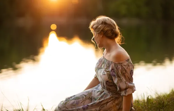 POND, LIGHT, RAYS, SUNDRESS, HAIRSTYLE