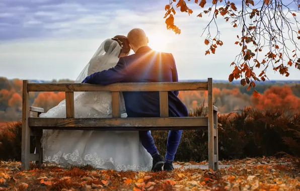 Autumn, the sun, bench, foliage, dress, lovers, the bride, wedding