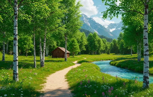 Trees, mountains, stream, Wallpaper, art, wallpaper, house, house