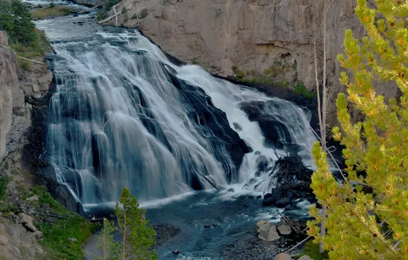 Autumn, leaves, river, tree, rocks, waterfall, Wyoming, USA
