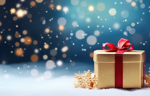 Winter, snow, snowflakes, red, lights, box, gift, Shine