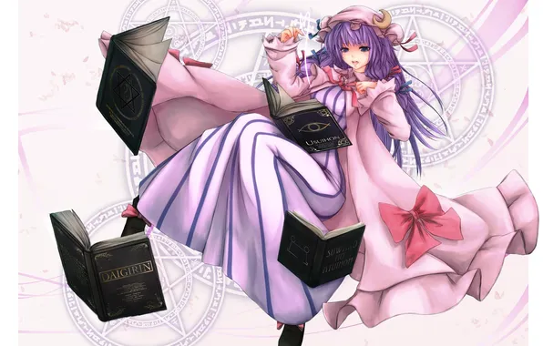 Girl, flight, books, spell, pentagram, touhou, art, reading