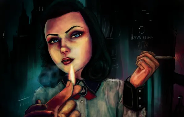 Picture look, girl, fire, fingers, rapture, cigarette, dlc, BioShock Infinite