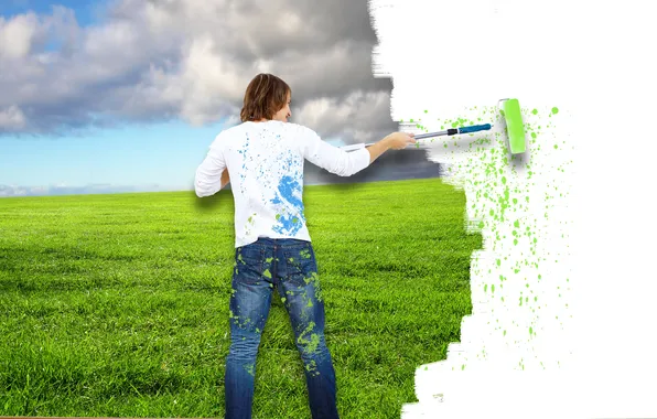 Field, the sky, grass, clouds, squirt, creative, paint, male