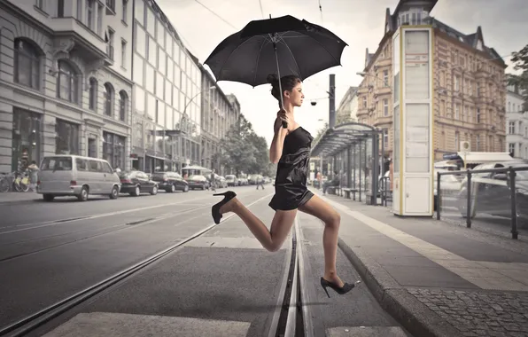 Picture girl, machine, the city, jump, building, rails, umbrella, stop