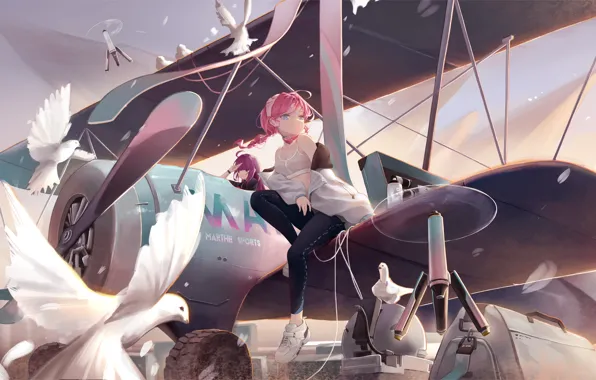 Girl, birds, the plane, Arknights, Blue Poison