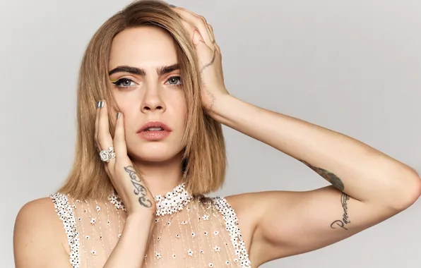Picture girl, face, model, makeup, tattoo, lips, Cara Delevingne