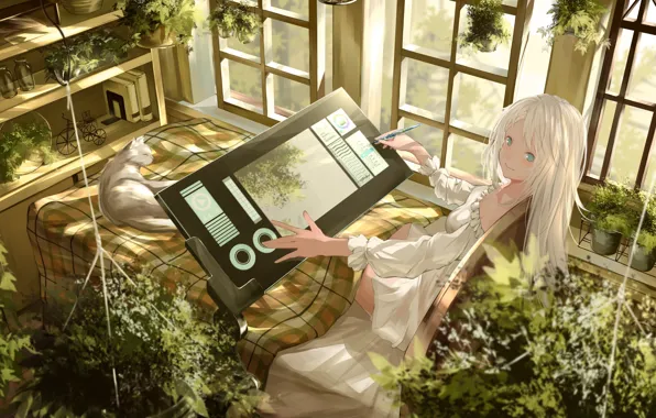 Picture bike, books, girl, plaid, blue eyes, tablet, draws, in the room