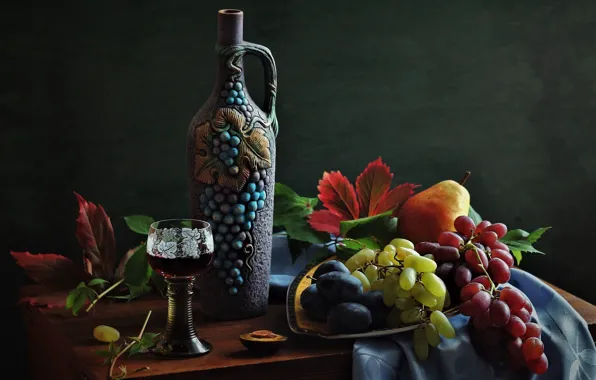 Leaves, flowers, table, wine, glass, bottle, food, grapes