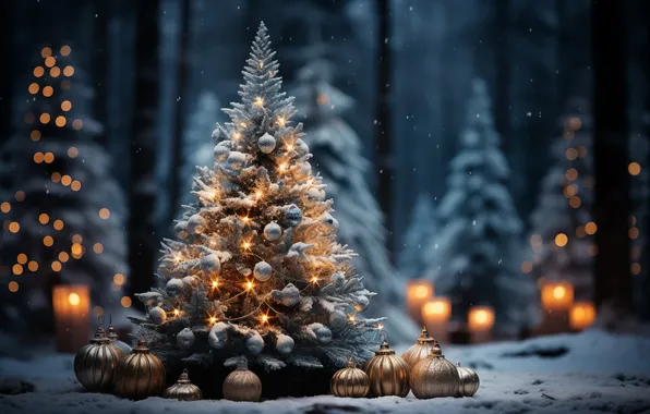 Picture winter, snow, night, tree, Christmas, New year, Christmas, night