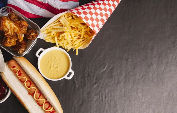 Wings, sauce, ketchup, fast food, fries, hot dog