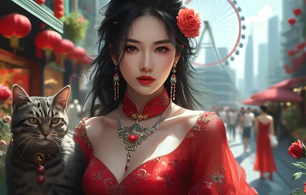Cat, girl, necklace, Chinese, Asian, dress red