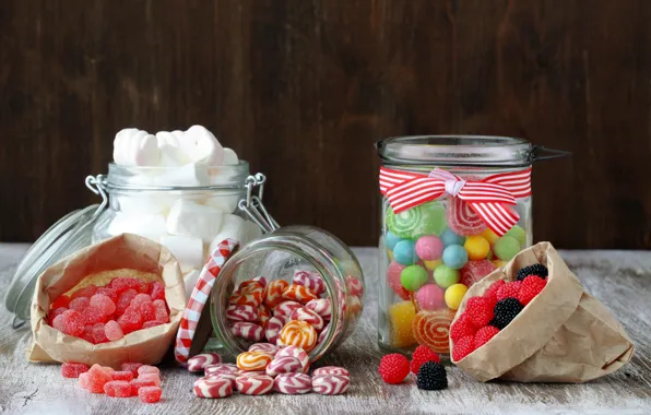 Candy, jars, sweets, lollipops, sugar, marmalade, bags, marshmallow