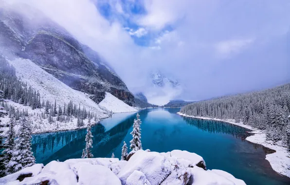 Winter, forest, mountains, lake, Canada, Albert, Banff National Park, Alberta