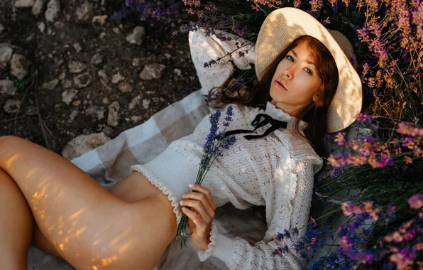 Look, flowers, pose, model, body, hat, makeup, figure