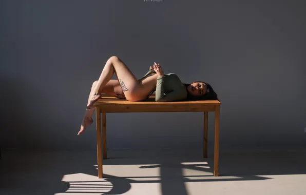 Ass, bodysuit, legs, model, tattoo, women, brunette, table