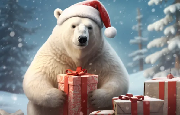 Winter, look, snow, Christmas, bear, gifts, New year, polar bear