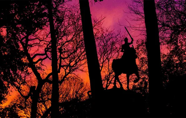 New York, silhouette, glow, Manhattan, statue of Joan of Arc, Park Riversid
