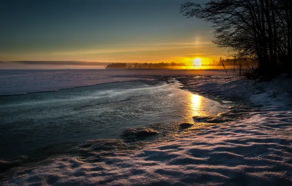 Picture winter, water, the sun, snow, landscape, sunset, nature, the evening