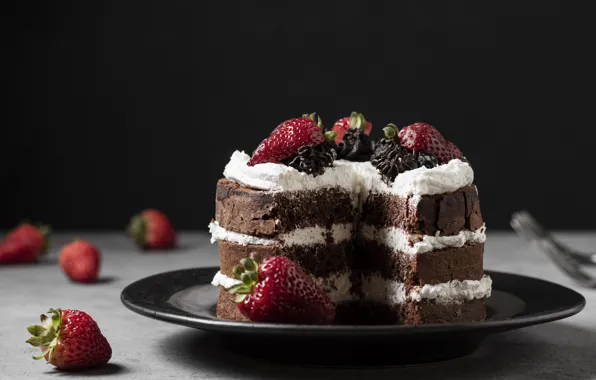 Berries, the dark background, strawberry, plate, cake, black background, layers, cream