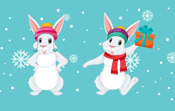 Picture snow, snowflakes, box, gift, hat, figure, graphics, rabbit