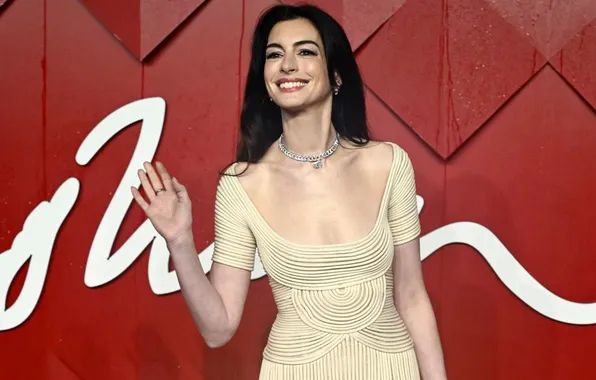 Smile, dress, actress, brunette, neckline, beautiful, Anne Hathaway, Anne Hathaway