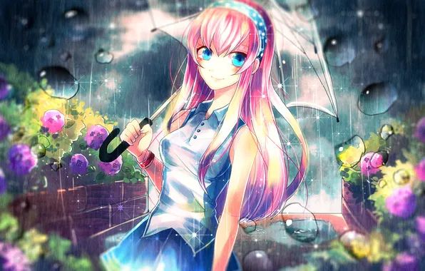 Girl, drops, flowers, rain, umbrella, art, vocaloid, megurine luka