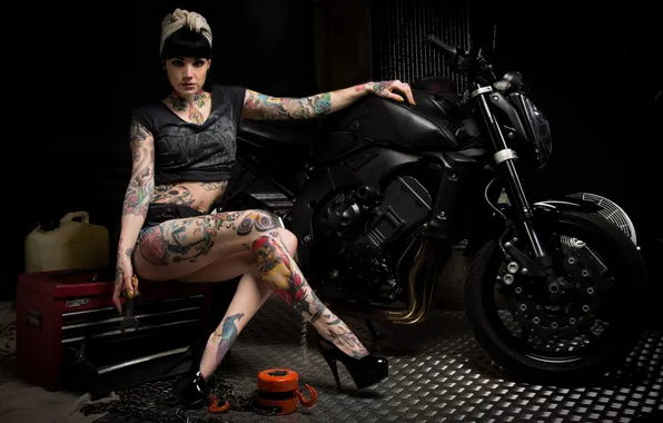 Look, girl, pose, tattoo, motorcycle, chain, keys