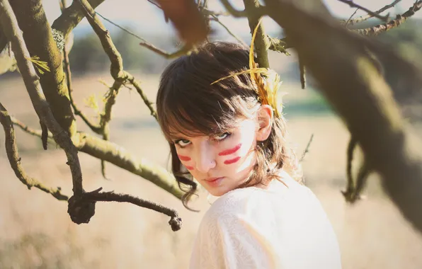 Picture look, girl, branches, brown hair