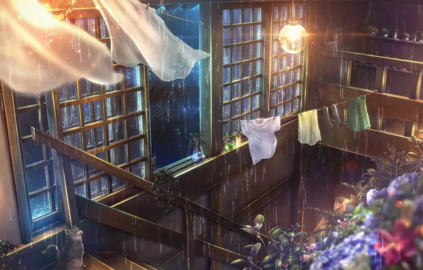 Picture cat, flowers, rain, lamp, ladder, curtains
