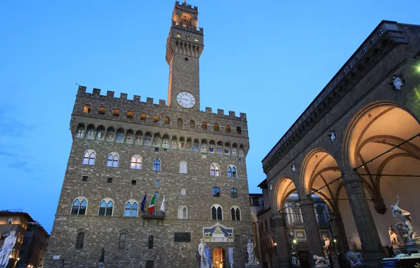 Picture the sky, lights, the evening, Italy, Florence, sculpture, David, Palazzo Vecchio