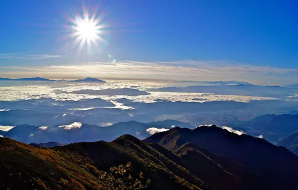 The sun, clouds, mountains
