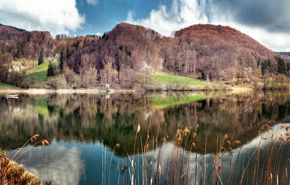 The sky, lake, reflection, hills