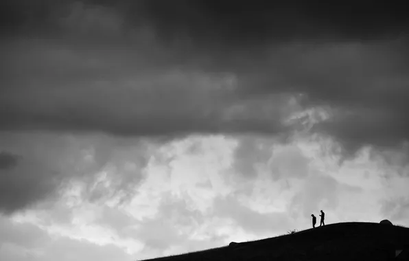 The sky, clouds, people, b/W, hill, silhouettes, by Robin de Blanche, Walkers