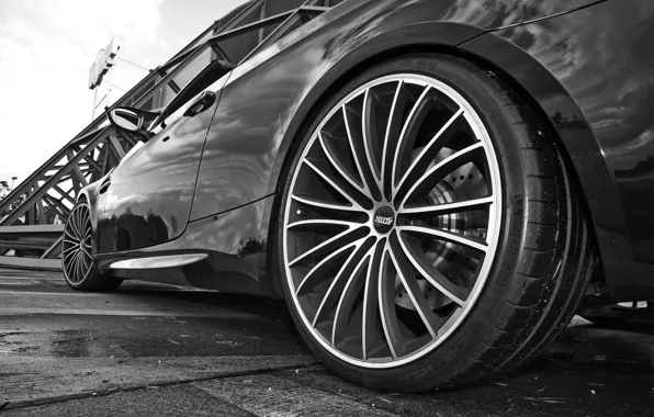 BMW, wheel, black and white