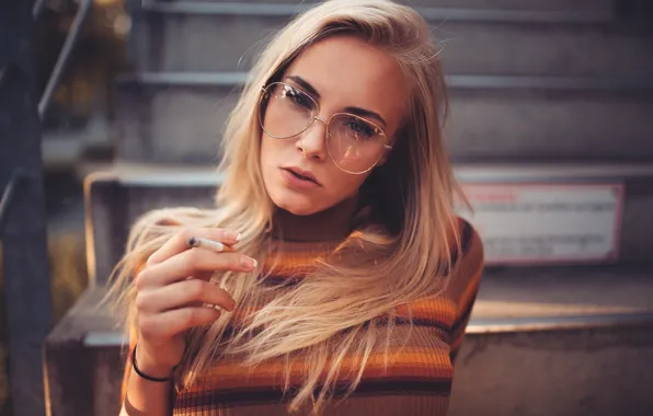 Girl, portrait, makeup, glasses, hairstyle, blonde, cigarette, ladder