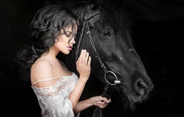 Girl, pose, hair, horse, Dmitry Belyaev