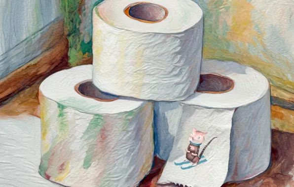 Cat, figure, ski, picture, painting, strokes, rolls, skier