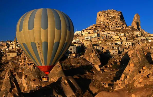 The sky, mountains, rock, balloon, home, the village, the minaret, the village