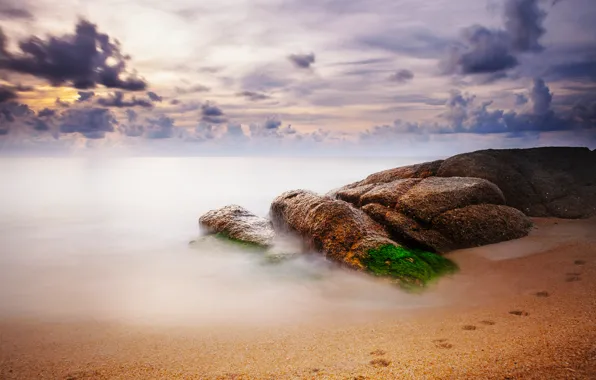 Sand, sea, beach, the sky, clouds, traces, stones