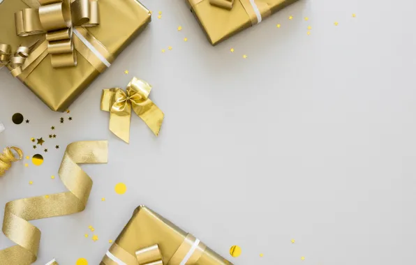 Christmas, tape, gifts, New year, gold plated, light background, bow, stars