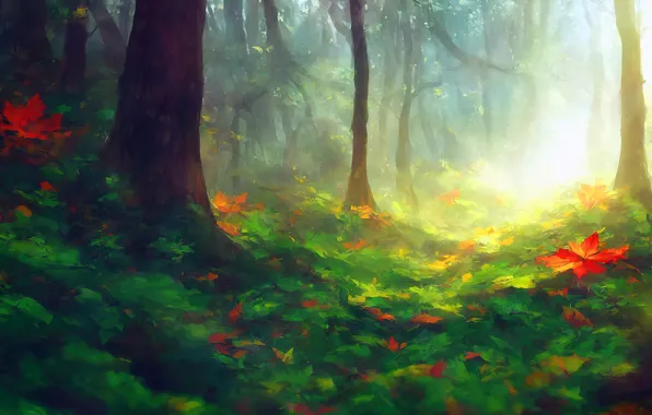 Greens, autumn, forest, leaves, light, trees, fog, trunks