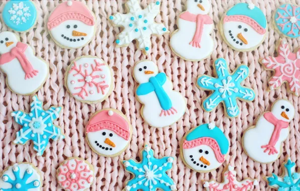 Snowflakes, cookies, blue, Christmas, New year, snowmen, snowman, pink