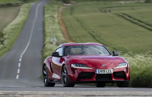 Picture road, field, red, movement, coupe, turn, Toyota, Supra