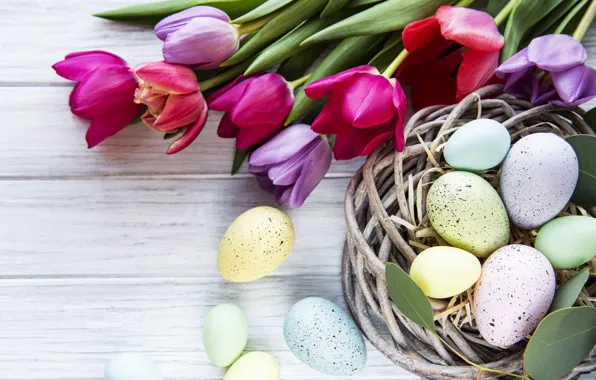 Picture flowers, eggs, spring, colorful, Easter, tulips, happy, wood
