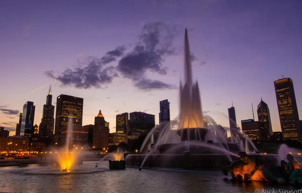 Skyscrapers, the evening, Chicago, fountain, Illinois