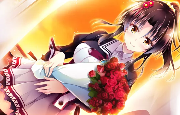 Picture smile, schoolgirl, bangs, visual novel, red roses, bouquet of roses, by Masato Satofuji, Golden Marriage